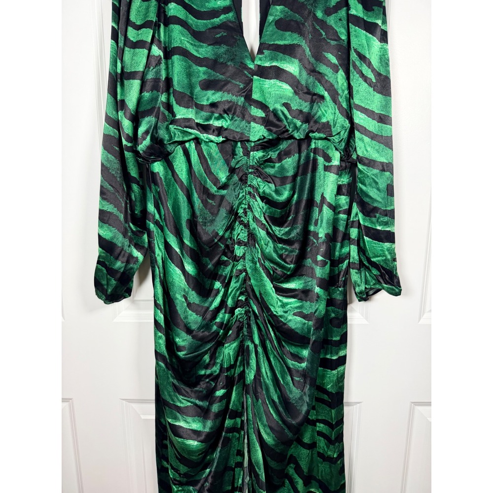 NWT Topshop Green Black Zebra Print Ruched V-Neck Midi Dress Long Sleeve sz12 - Picture 8 of 13